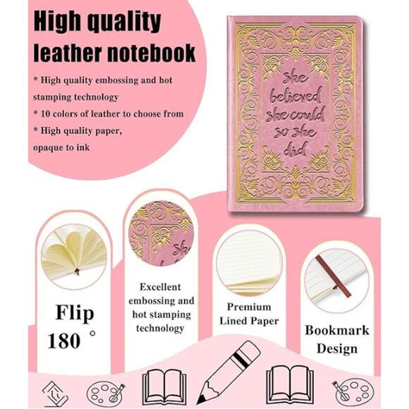 She Believed She Could So She Did Leather Journal Lined Notebook, Pink - Picture 3 of 4